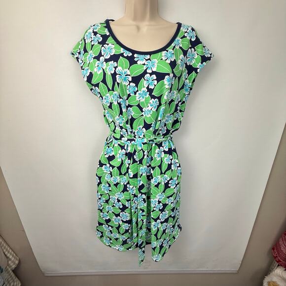 T by Talbots Blue Green Hawaiian Print Dress Tie Waist Navy Trimmed Caged Back - Picture 15 of 16